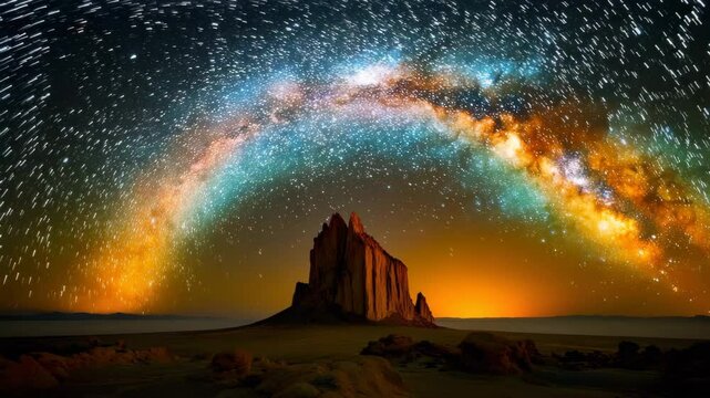 Epic time-lapse of the Milky Way galaxy arcing over the towering rock formation of Shiprock in New Mexico. Stars streak slowly across the sky as the core of the galaxy glows in detail. The foreground 