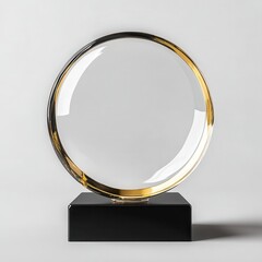 blank round glass award trophy mockup on black base with golden plate transparent design for branding or engraving white background.