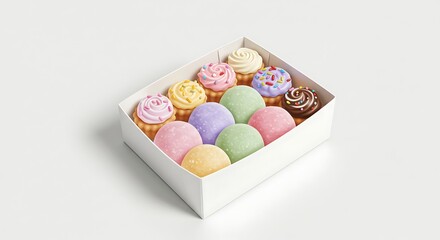 A realistic drawing of a small dessert box with assorted mochi or mini cakes, white background, no branding

