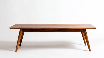 Sleek, mid-century modern coffee table crafted from rich, dark wood with tapered legs