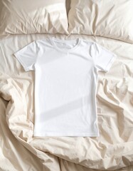 Obraz premium White T-Shirt Mockup on Cozy Bed with Natural Window Light