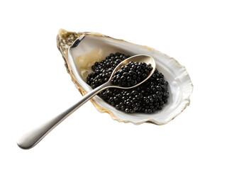 A closeup of glistening black caviar on a white spoon, a gourmet seafood appetizer, is isolated on a transparent background