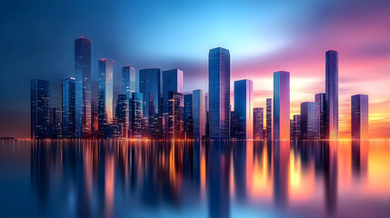 Fototapeta premium Vibrant City Skyline Reflected in Calm Water at Dusk
