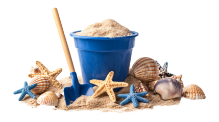 Beach toys, seashells in sand with blue bucket and plastic shovel isolated on transparent background