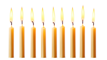 Eleven tall lit candles with yellow flames on a transparent background, creating a festive or celebratory visual. Warm tones and vertical lines dominate.