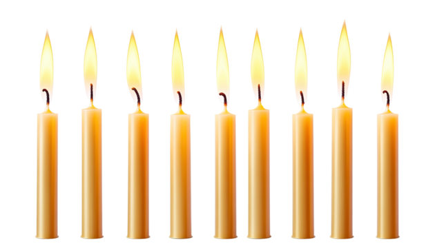 Eleven tall lit candles with yellow flames on a transparent background, creating a festive or celebratory visual. Warm tones and vertical lines dominate.