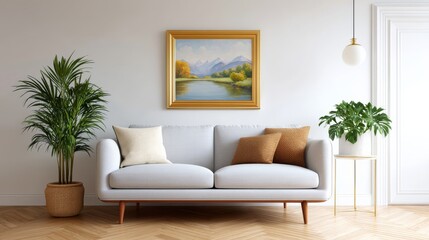 Fototapeta premium Scandinavian Inspired Interior with Light Couch and Decorative Elements Featuring Landscape Painting and Green Plants