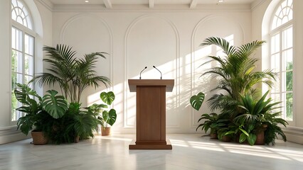 Elegant auditorium interior with podium microphone plants and sunlight for presentations and events