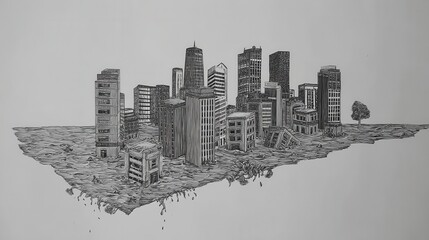 Fototapeta premium Floating city depicted in grayscale ink drawing.