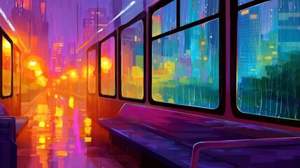 Obraz premium Vibrant Neon Cityscape During Rainy Night from Train Ride with Colorful Reflections