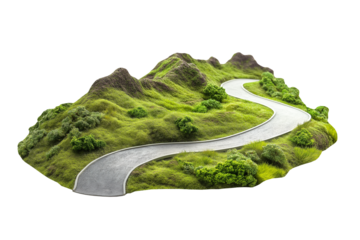 Curvy mountain road with greenery isolated on a transparent or white background, perfect for travel, adventure, landscape, nature, and scenic route designs.