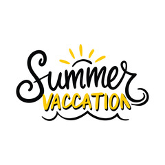 Summer vacation lettering logo with sun vector illustration. Summer label, tag, logo, hand drawn lettering for summer holiday, travel, beach vacation. Summer vacation typography