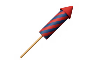 Colorful cartoon rocket launching, red-blue striped pattern on transparent background