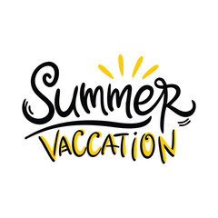 Summer vacation lettering logo with sun vector illustration. Summer label, tag, logo, hand drawn lettering for summer holiday, travel, beach vacation. Summer vacation typography