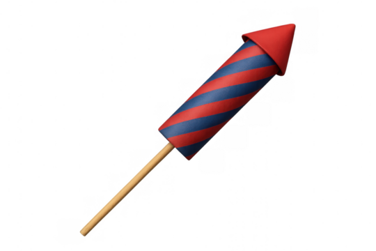 Colorful cartoon rocket launching, red-blue striped pattern on transparent background