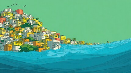 Fototapeta premium Colorful houses clustered on a hillside overtaken by a large wave.