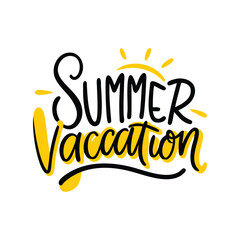 Summer vacation lettering logo with sun vector illustration. Summer label, tag, logo, hand drawn lettering for summer holiday, travel, beach vacation. Summer vacation typography