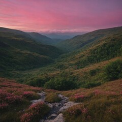 Fototapeta premium Over a green valley, the mountain landscape shows a panorama of morning fog and a sunset sky with clouds over hills and trees
