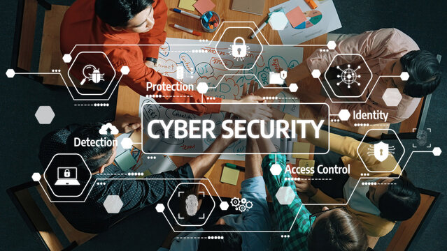 Cyber Security Collaboration: Diverse Team Developing Strategies with Visual Diagrams and Technology Icons for Enhanced Protection and Identity Management. Amity