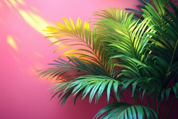 Lush green palm leaves against vibrant pink wall creating a tropical atmosphere in sunny interior space