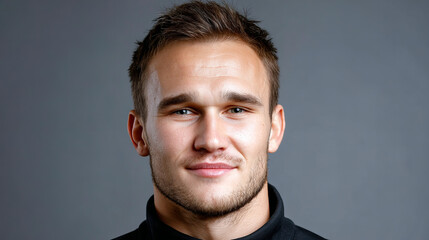 Professional athlete poses for a close-up portrait in a studio setting with neutral background and focused expression