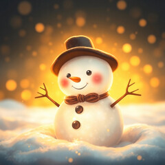 Cheerful snowman with a smile dressed in a hat and scarf in winter scenery