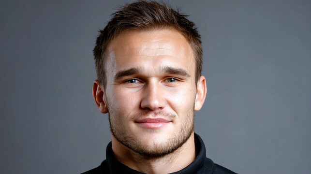 Professional athlete poses for a close-up portrait in a studio setting with neutral background and focused expression