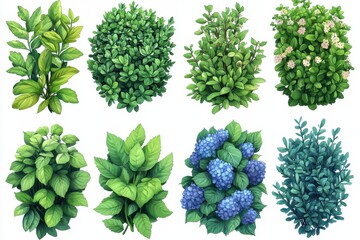 Fototapeta premium Various types of lush green plants and shrubs arranged in a neat grid with vibrant colors showcasing natural beauty