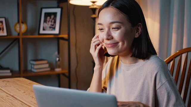 Femme souriante devant son ordinateur &agrave; la maison le soir, ambiance chaleureuse et connect&eacute;e

