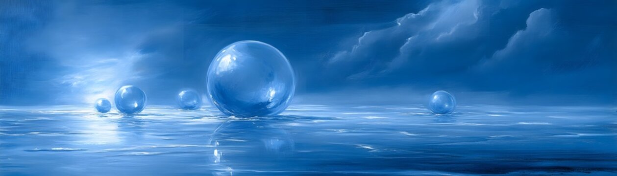 Serene blue orbs float on tranquil water.