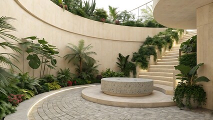 Modern architectural design of an outdoor courtyard featuring lush greenery and stone elements