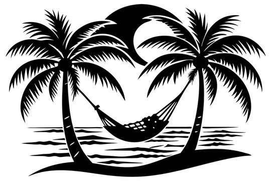 recommend clip art: Silhouette of a palm tree with hammock for tropical vacation relaxation, silhouette, palm tree, hammock, tropical, vacation, relaxation, beach, island, summer, holiday, leisure, paradise, travel, desi