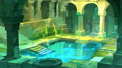 Sunken temple ruins with pool of water in a mystical, ancient underground.