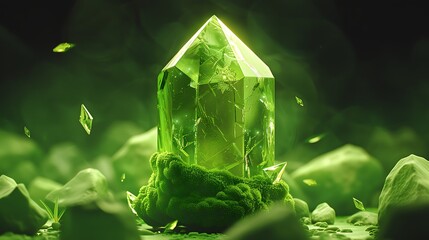 Glowing green crystal formation surrounded by rocks and moss in a forest.