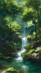 Obraz premium Anime Art of Waterfall Hidden in Enchanted Forest – Relaxing Wallpaper