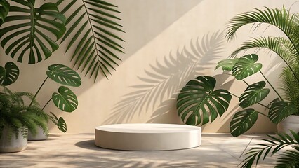 Fototapeta premium Modern minimalist podium display with lush green plants and shadowed backdrop