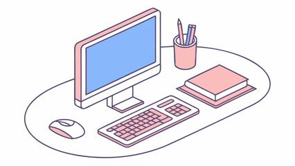 Colorful isometric illustration of a modern workspace setup.