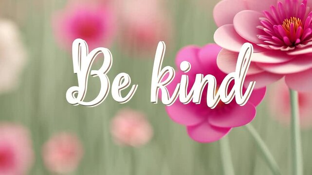Be kind message with pink flowers in a blurred background for a positive affirmation image theme