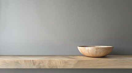Wooden bowl on a light wooden shelf against a gray textured wall backdrop