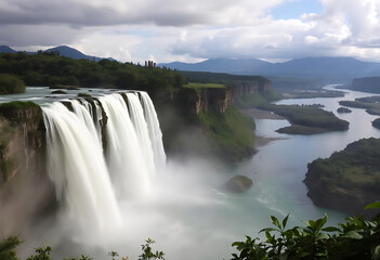 Naklejka premium Waterfall Flowing in Lush Green Jungle Valley