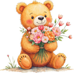 Cheerful bear with a pastel birthday bouquet in a watercolor illustration celebrating joy and nature