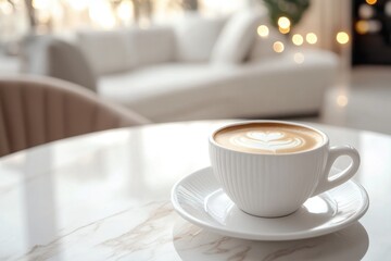 Warm cup of coffee resting on a marble table in an elegant living room setting, cup of coffee on the table at luxury living room white theme Photo background