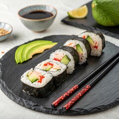 Slicing perfection sushi roll set on a black stone plate stylish dining experience with chopsticks