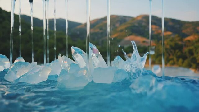 Waterfall on blue crystal , 4K video.