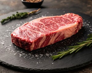 Fototapeta premium Savoring premium wagyu beef steak raw and seasoned delight on a slate plate in a moody setting