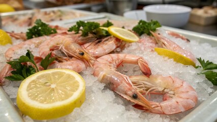 Serving fresh raw shrimp on crushed ice with lemon wedges at a vibrant seafood market - a culinary experience