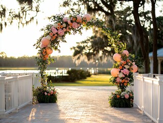 Fototapeta premium Simple yet elegant balloon arch in warm pinks over neutral patio stone surface, minimalist white fencing and trimmed landscape features surrounding the structure