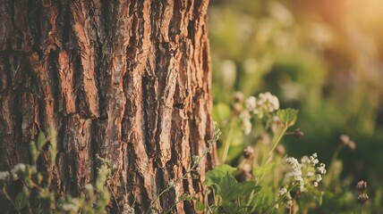 Fototapeta premium Tree Trunk with Flowers: Close-up of Bark Texture in a Natural Setting
