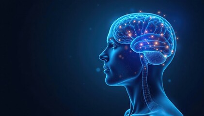 Bio-integrated neural interface, glowing blue energy, blue, science, modern