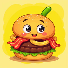 A funny cartoon cheeseburger with sesame bun, fresh lettuce, and tomato is isolated on white, perfect for a fast food snack or meal